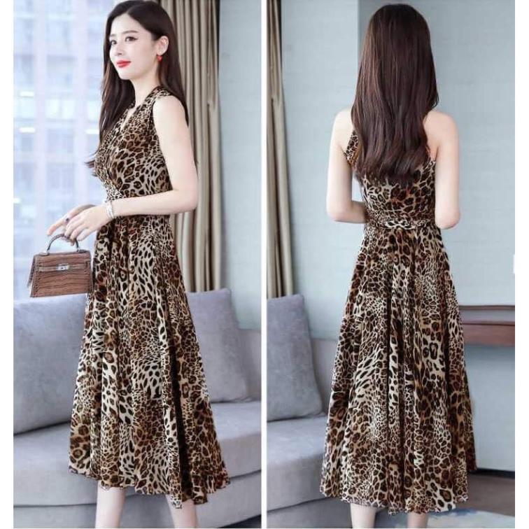 Đầm Xoè Da Báo Cổ Dắp Chéo - Váy Maxi Đi Biển, Đi Dạo Voan Lụa Nhập 2 Lớp Cho Nàng Yêu Kiều