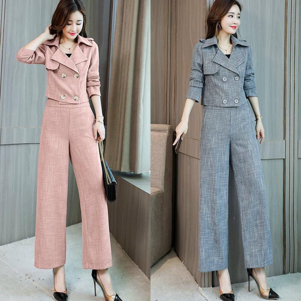 Set Bộ Vest Quần Ống Rộng Áo Form Ngắn Cổ Cách Điệu