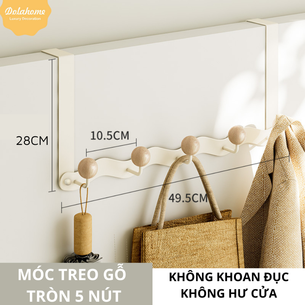 Móc treo cửa kim loại nút gỗ tròn Dola Home, chịu lực treo quần áo, đồ dùng, không cần khoan tường