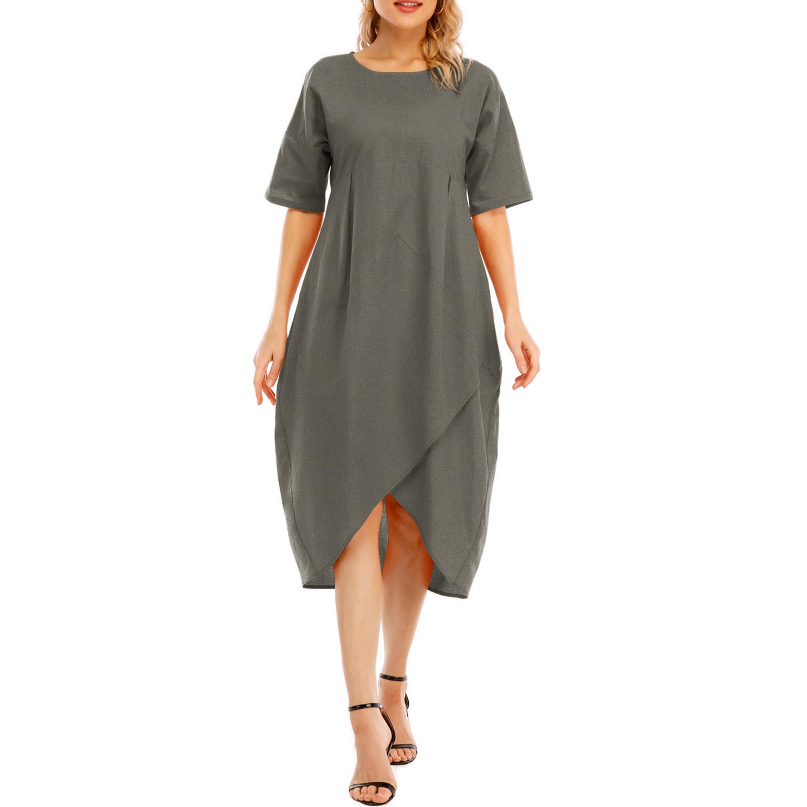 Fashion Women Dress O Neck Short Sleeve High Waist Asymmetrical Hem Pockets Casual Loose Dress