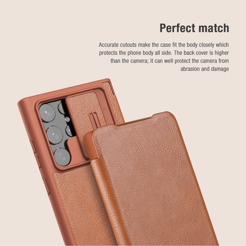 Case bao da chống sốc cho Samsung Galaxy S22 Ultra hiệu Nillkin Qin Pro trang bị nắp bảo vệ Camera - hàng nhập khẩu