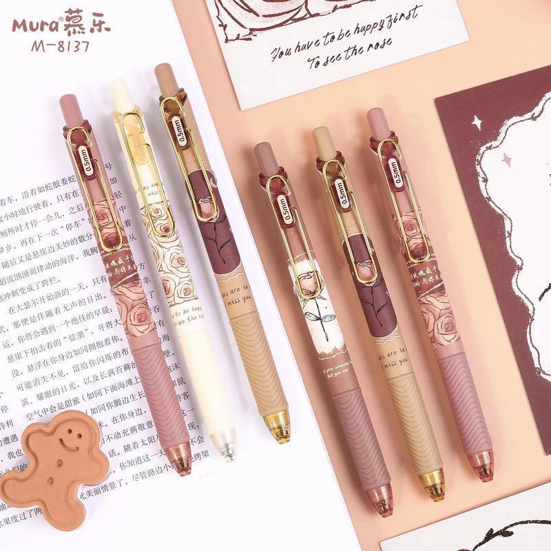 Set 4 bút mực gel đen Mura ngòi 0.5mm siêu xịn với vỏ ngoài siêu xinh xắn kèm túi zip (tặng stickers x note)