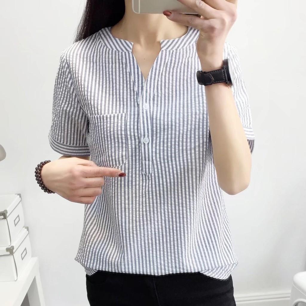 Áo sơ mi nữ Haint Boutique áo cổ tàu thiết kế kẻ sọc nhỏ s51