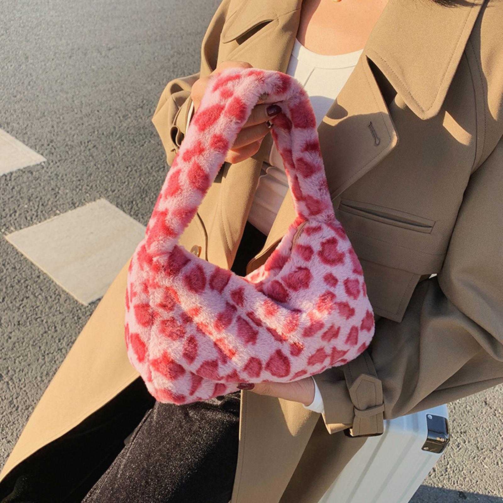 Fashion Plush Shoulder Bag Lady Casual Tote Underarm Bag Lightweight Small Purse Leopard Pattern Handbag for Travel Work