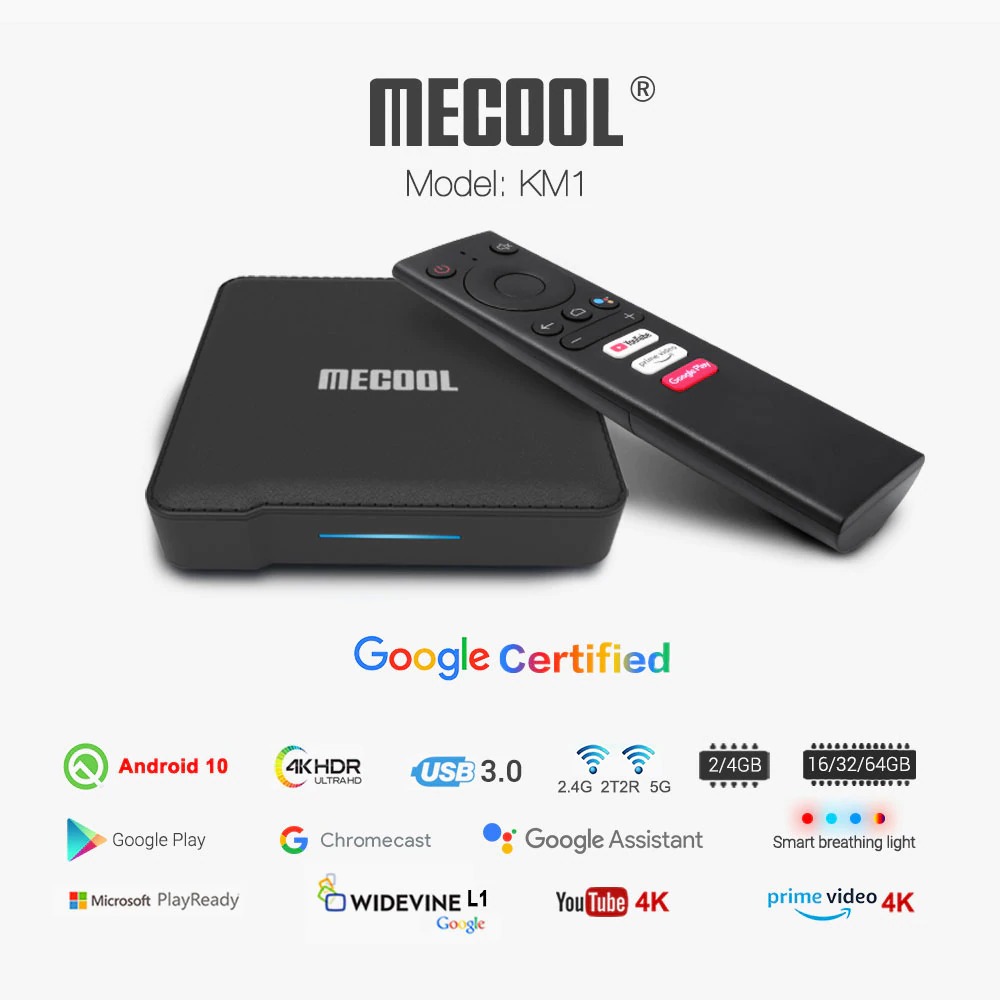 Mecool KM1 bản quyền google điều khiển giọng nói tiếng Việt Ram 4G Rom 64G bluetooth Android tivi box - Hàng Nhập Khẩu