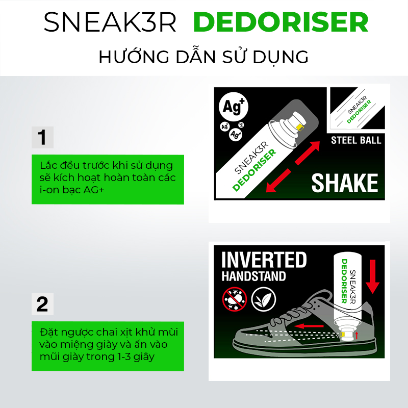 Xịt khử mùi giày Sneaker SNEAK3R  loại bỏ mùi hôi chân, ngăn ngừa mồ hôi, vi khuẩn công nghệ bạc AG+ tích 260ml