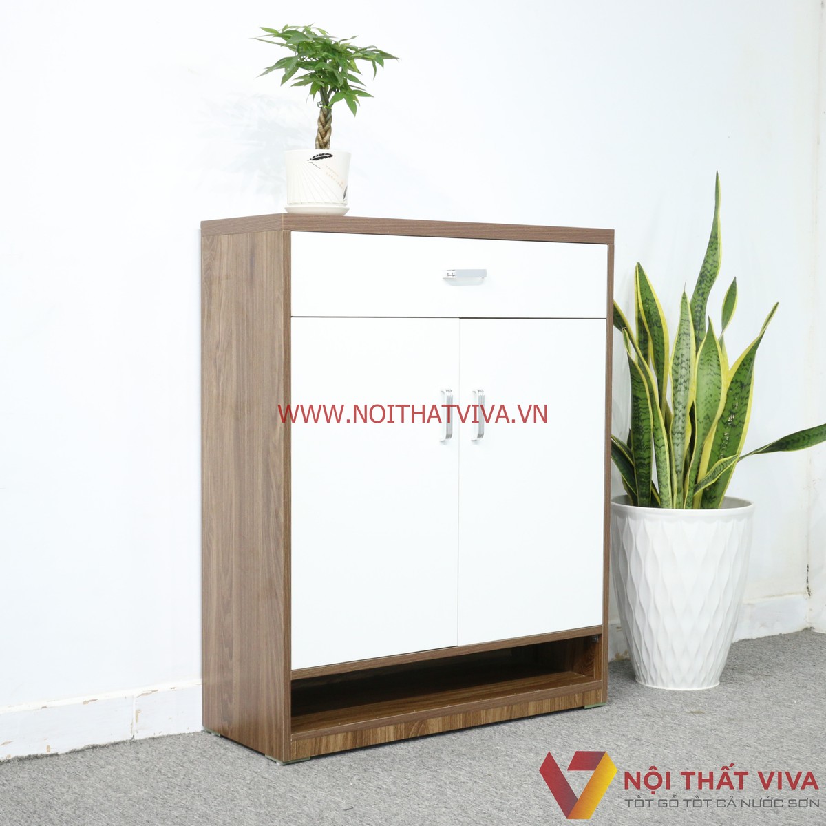 Tủ Giày Dép Gỗ MDF Melamine Màu Óc Chó Phối Trắng Đẹp Hiện Đại