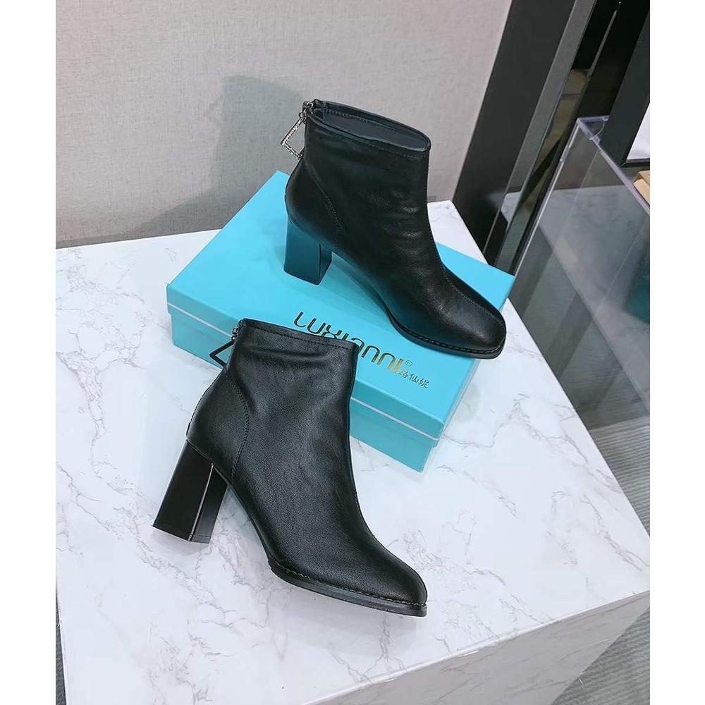 Giày boot nữ da mềm 2021 B SHOES, boot thấp cổ lót nỉ khóa kéo, mũi vuông, họa tiết kim loại siêu thời trang, cao 5p