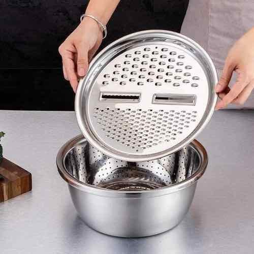 Rổ bào inox có chậu, Mâm nạo củ quả tiện lợi 3 trong 1( tặng kèm 1 dụng cụ nạo hoa quả)