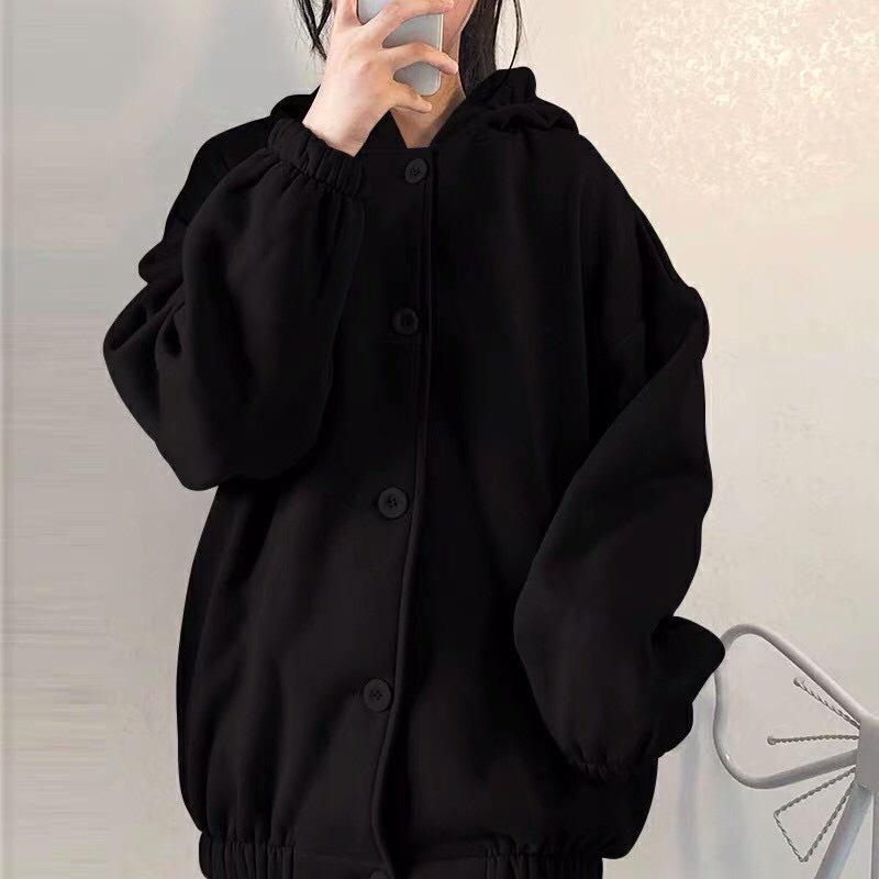 Áo khoác hoodie nam nữ nút to ulzang nỉ bông mũ điệu 2 màu dày dặn