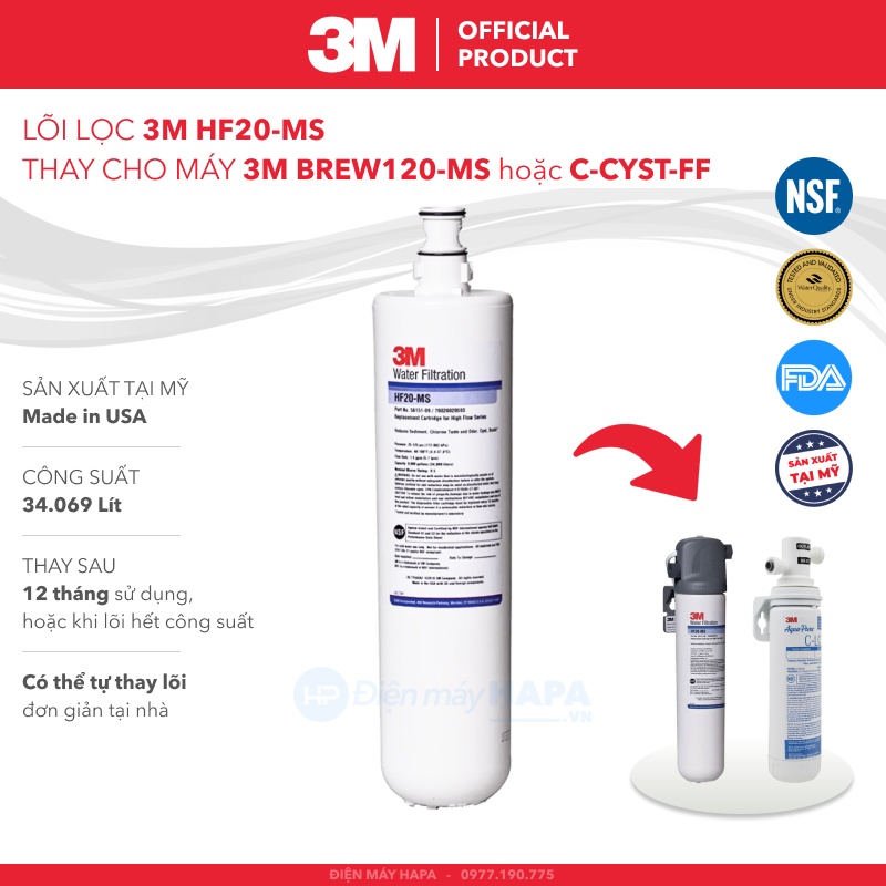 Lõi Lọc 3M HF20-MS Thay Cho Máy Lọc Nước 3M BREW120-MS Hoặc C-CYST-FF - Nhập Khẩu Mỹ, Hàng Chính Hãng 3M - BREW120MS CCYSTFF HF20MS