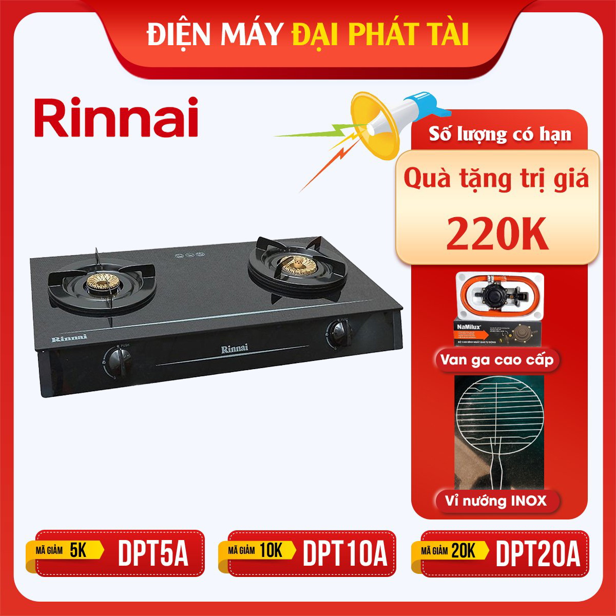 Bếp Gas Dương Đôi Rinnai RV-6 Double Glass Tặng kèm 1 bộ van và dây gas- Hàng chính hãng
