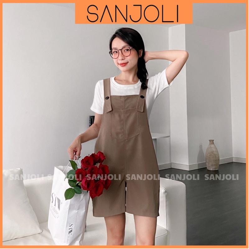 Quần Short Nữ SANJOLI Quần Yếm Ngắn Form Rộng Dây Đeo Có Thể Điều Chỉnh Vải Cotton Có Túi Vintage Màu Nâu Đen QD015