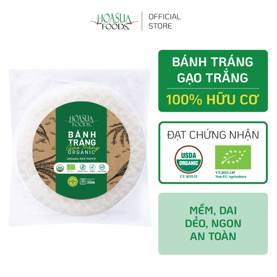 Bánh tráng gạo trắng hữu cơ HOA SUA FOODS 200g (size 22cm) - mềm, dai, dẻo, ngon