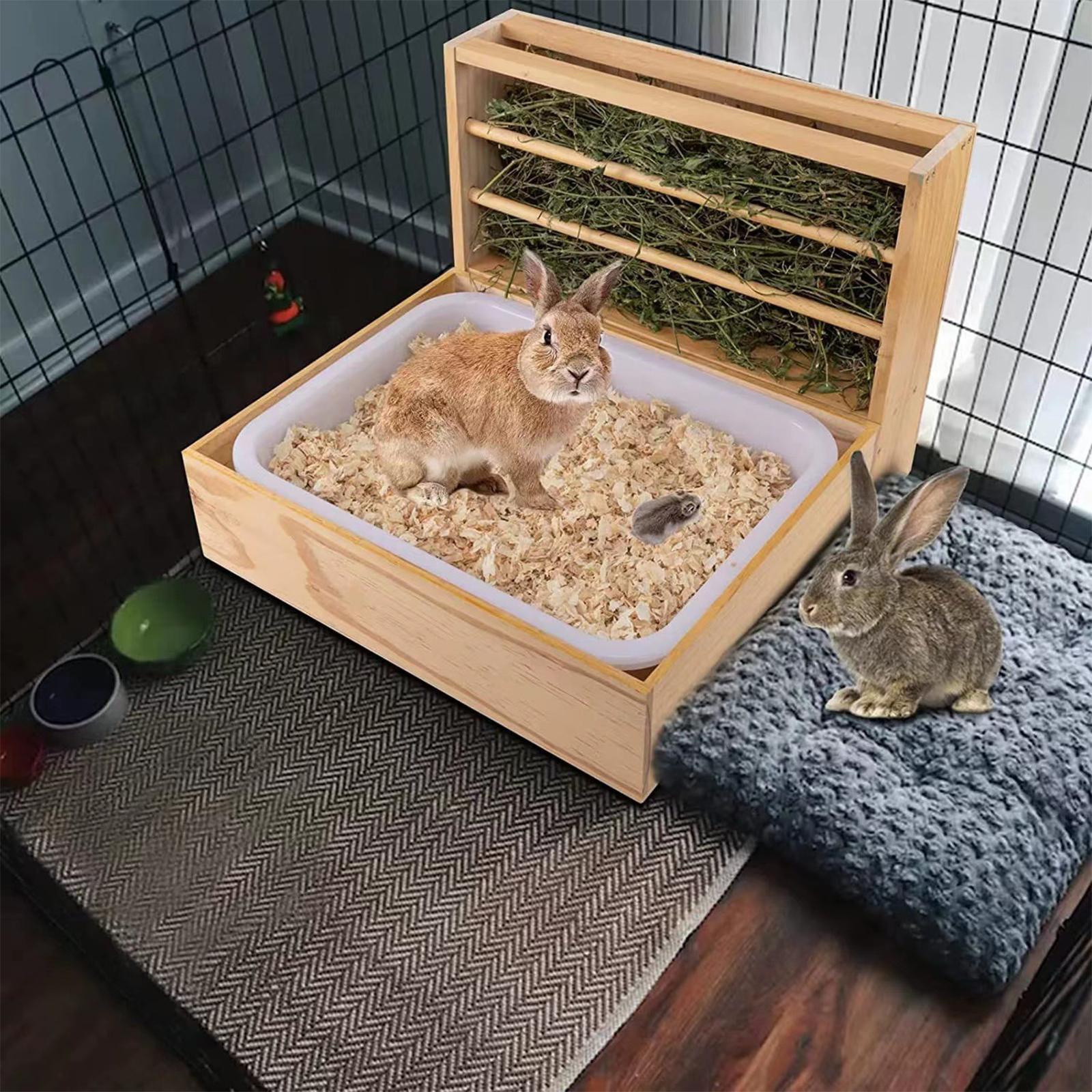 Wooden Rabbit Hay Feeder with Litter Box Guinea Pig Bunny Hay Manger Feeder