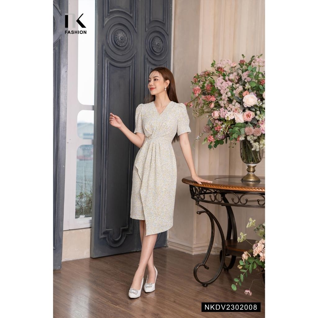 Đầm Hoa Ngắn Tay NK FASHION Thiết Kế Xếp Eo Điệu Đà Thanh Lịch Chất Vải Nhập Hàn Cao Cấp Không Nhăn NKDV2302008