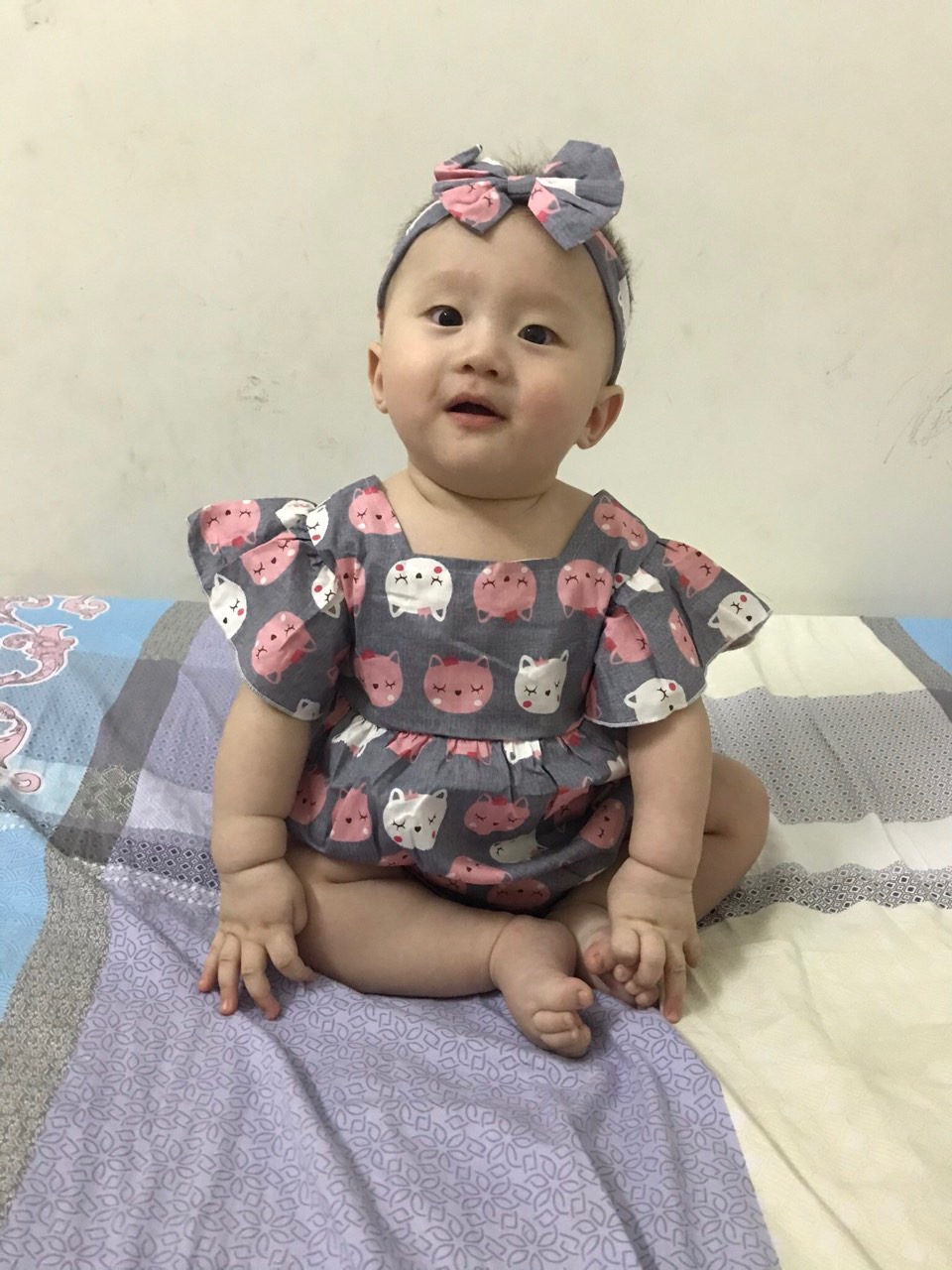Body hoạ tiết mèo kèm băng đô cho bé gái 4 đến 12kg