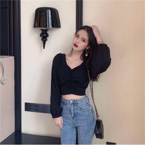 Áo kiểu crop nhún ngực tay dài xênh yêu
