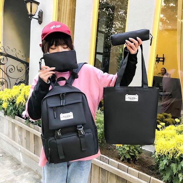 Balo thời trang, balo đi học, đựng laptop Balo Set 4 Món Thời Trang 2 Khoá Cute balo nữ vải