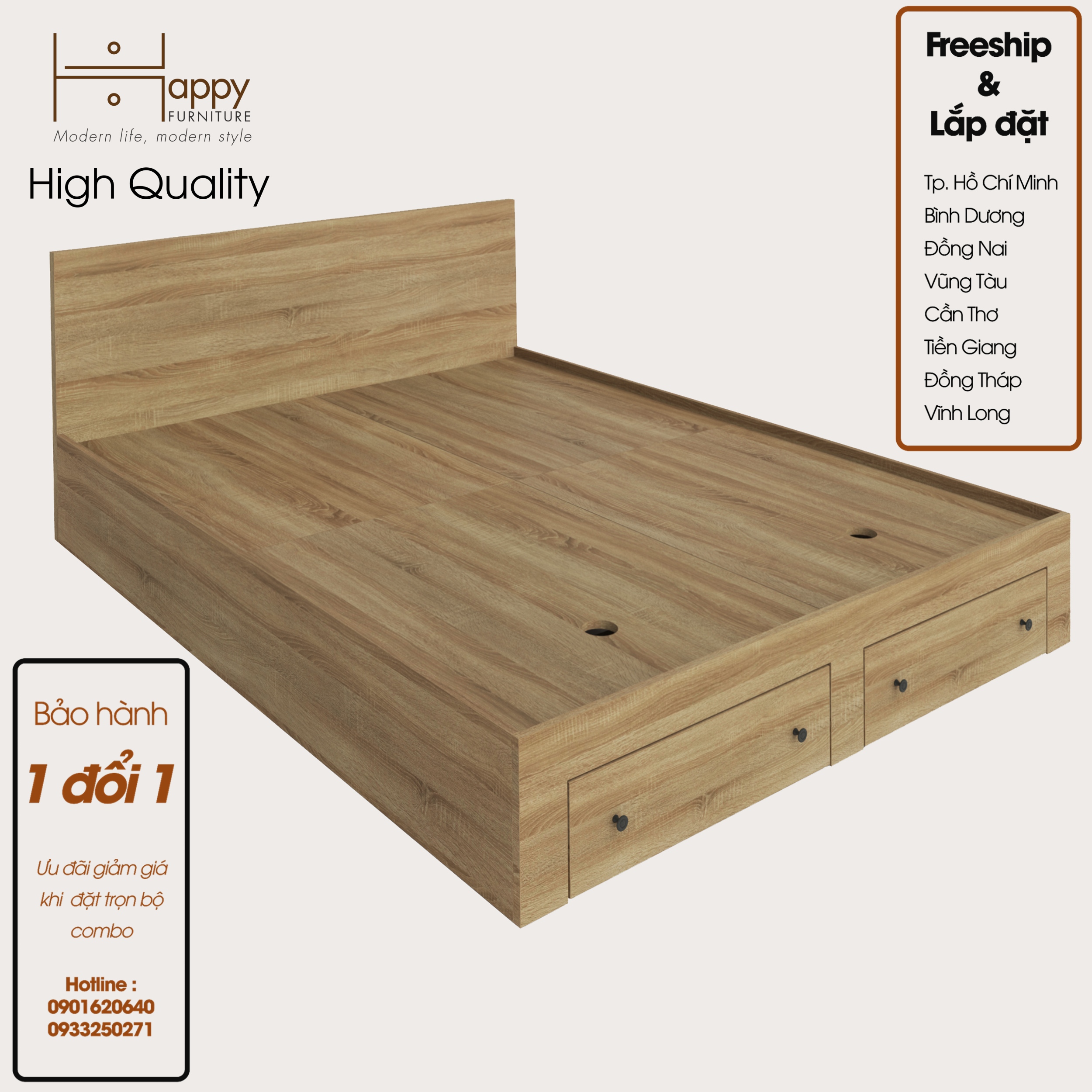 [Happy Home Furniture] CANA, Giường ngủ - 2 ngăn kéo đựng đồ, GNG_009, GNG_010, GNG_011, GNG_012