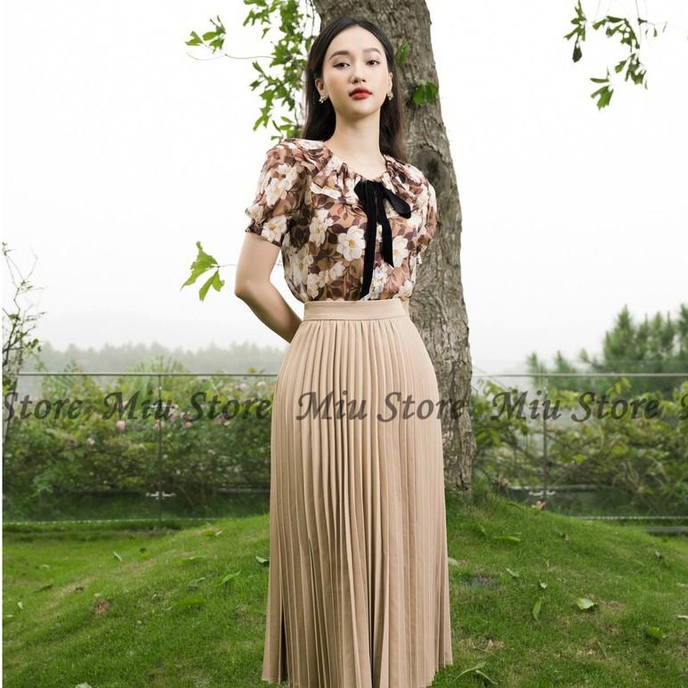 Áo sơ mi công sở nữ ngắn tay cổ tròn nơ đen Miu Store SM00022