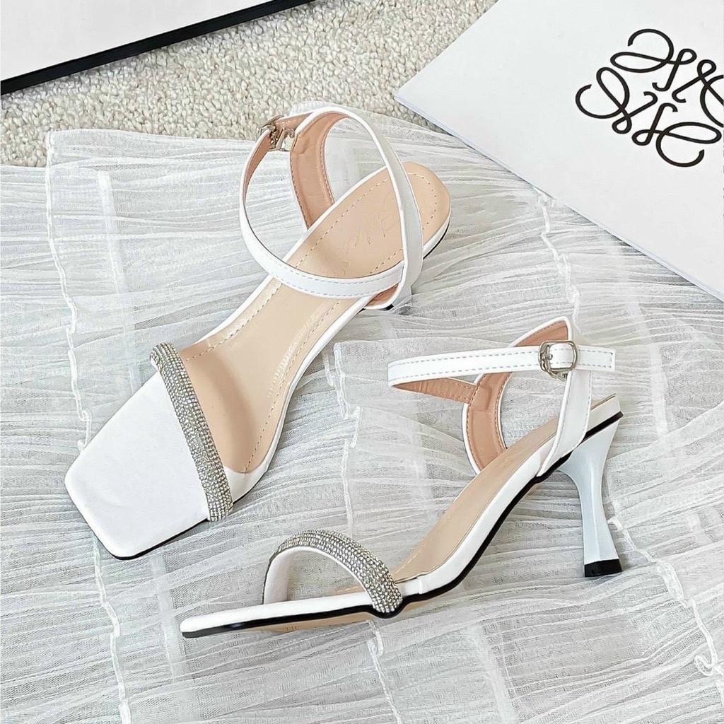 Sandal quai đá nổi mũi vuông gót nhọn - 7P