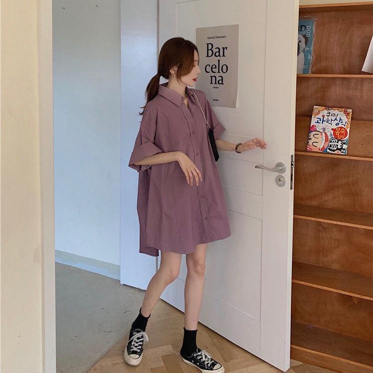 Áo Sơ Mi Tay Ngắn Rộng Màu Sắc Đơn Giản Thời Trang Cho trắng nữ