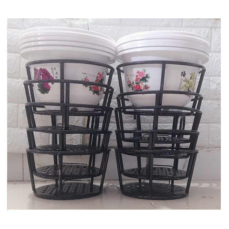 Combo 10 Giỏ Sắt Treo Chậu Hoa Ban Công Hình Tròn - Màu Cà Phê +10 Châu Nhựa BỐN MÙA Hình Tròn Màu Trắng Kích Thước A250x170