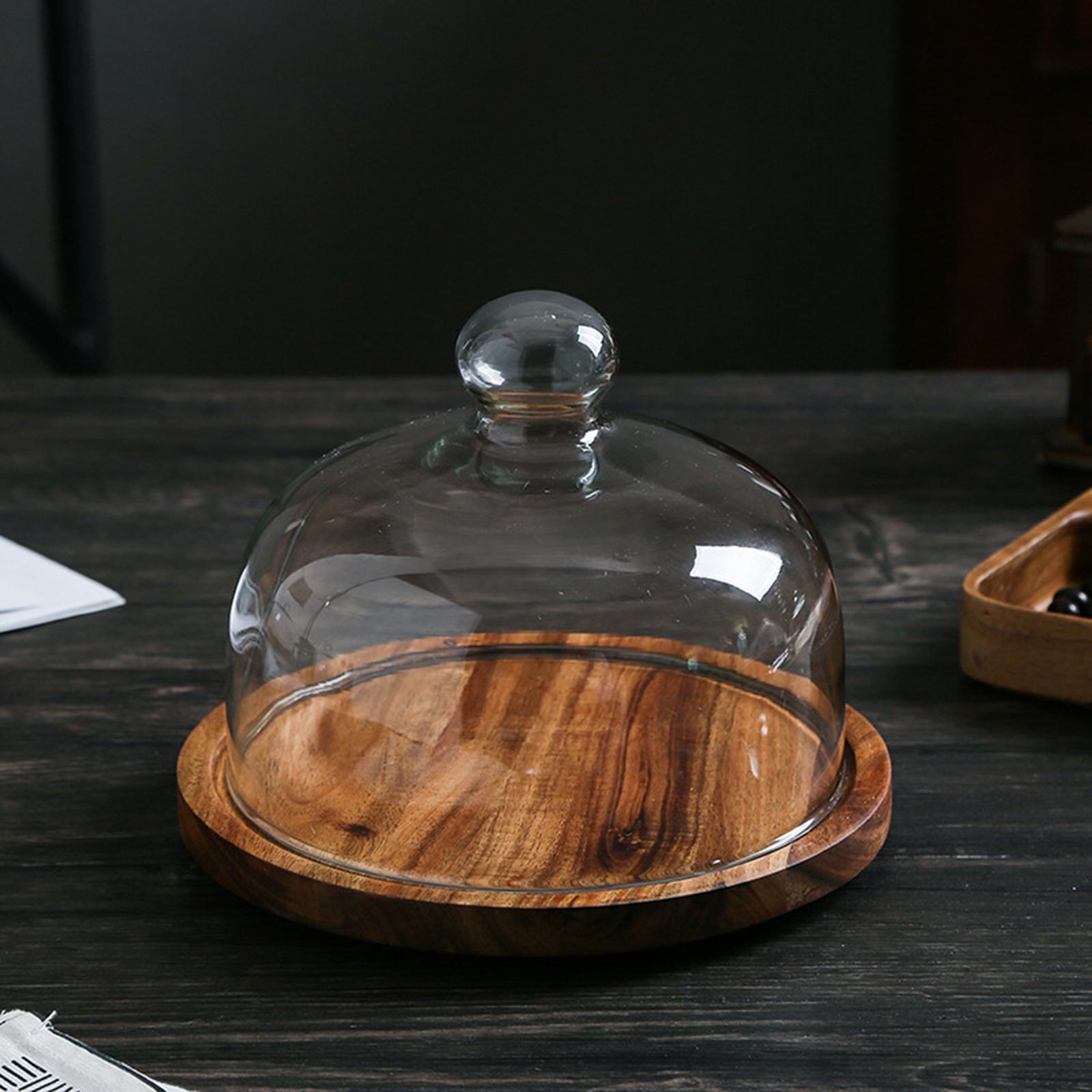 Glass Cover Serving Tray with Glass Cover Wooden Cake Stand for Kitchen