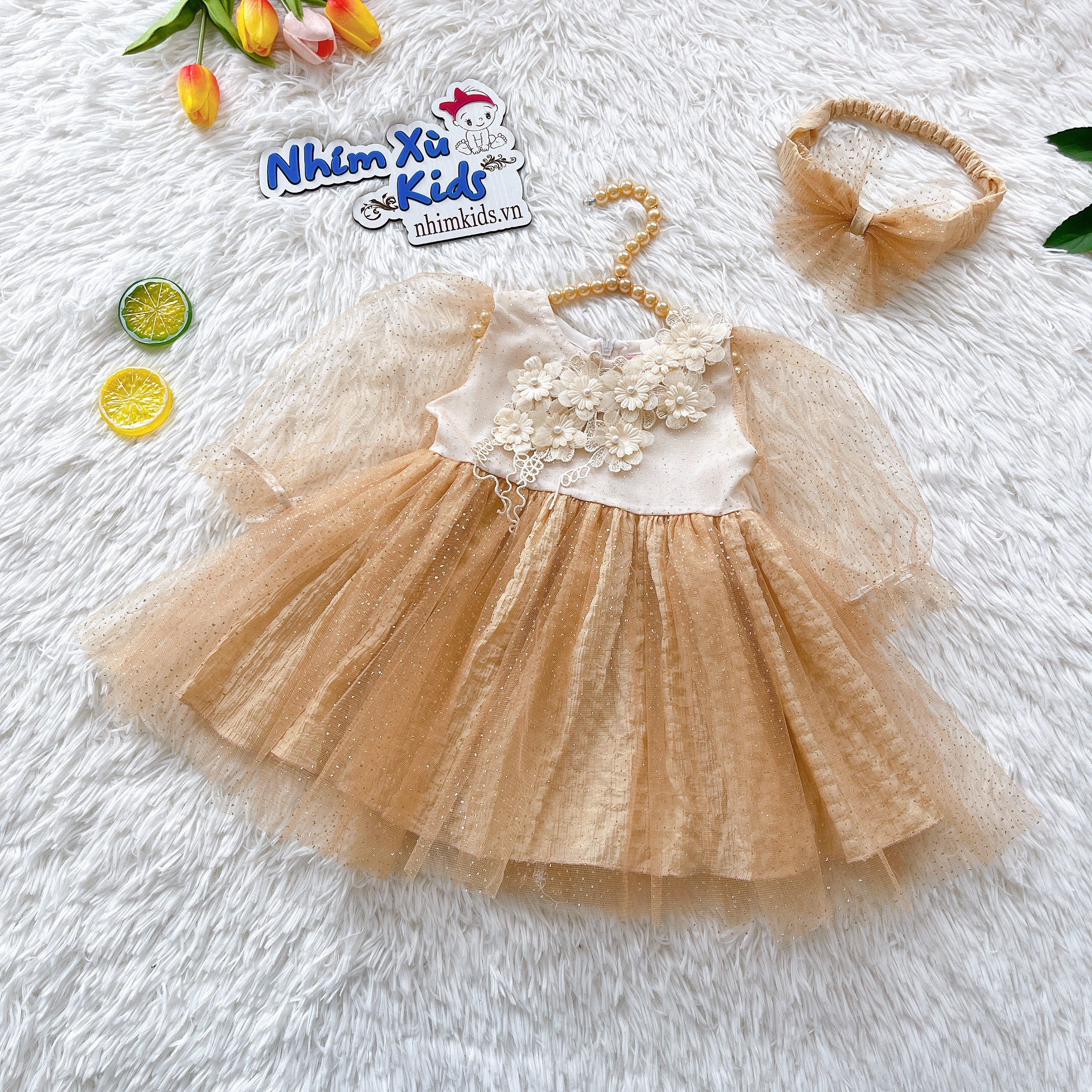 Váy công chúa đính hoa tặng kèm turban cho bé gái 4 - 15kg