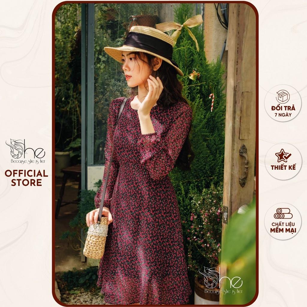 Đầm đỏ dự tiệc nữ noel tết dài tay đuôi cá She, váy hoa nhí thiết kế chữ A SDX70