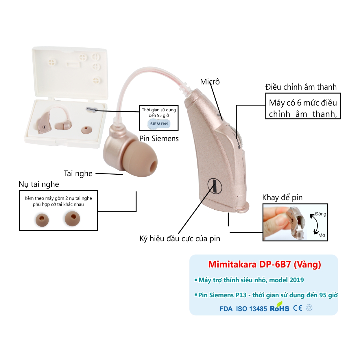 Máy trợ thính siêu nhỏ vành tai Model 2019 Mimitakara (JAPAN) DP-6B7 (Vàng) (2 nụ tai nghe)