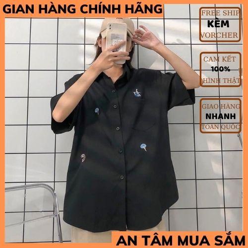 Áo sơ mi cộc tay thêu hình ngộ nghĩnh nữ áo sơ mi nữ UNISEX ,chất thô mềm chuẩn form phong cách hàn quốc THỜITRANG1989
