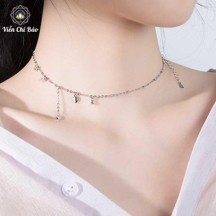 Vòng cổ choker bạc nữ mix cham trái tim dây xích ngắn mặt bi