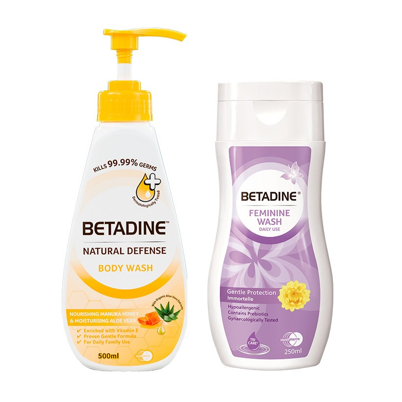 Combo sữa tắm kháng khuẩn Betadine hương mật ong Manuka chai 500ml + Dung dịch vệ sinh phụ nữ Betadine Gentle Protection - chai 250ml