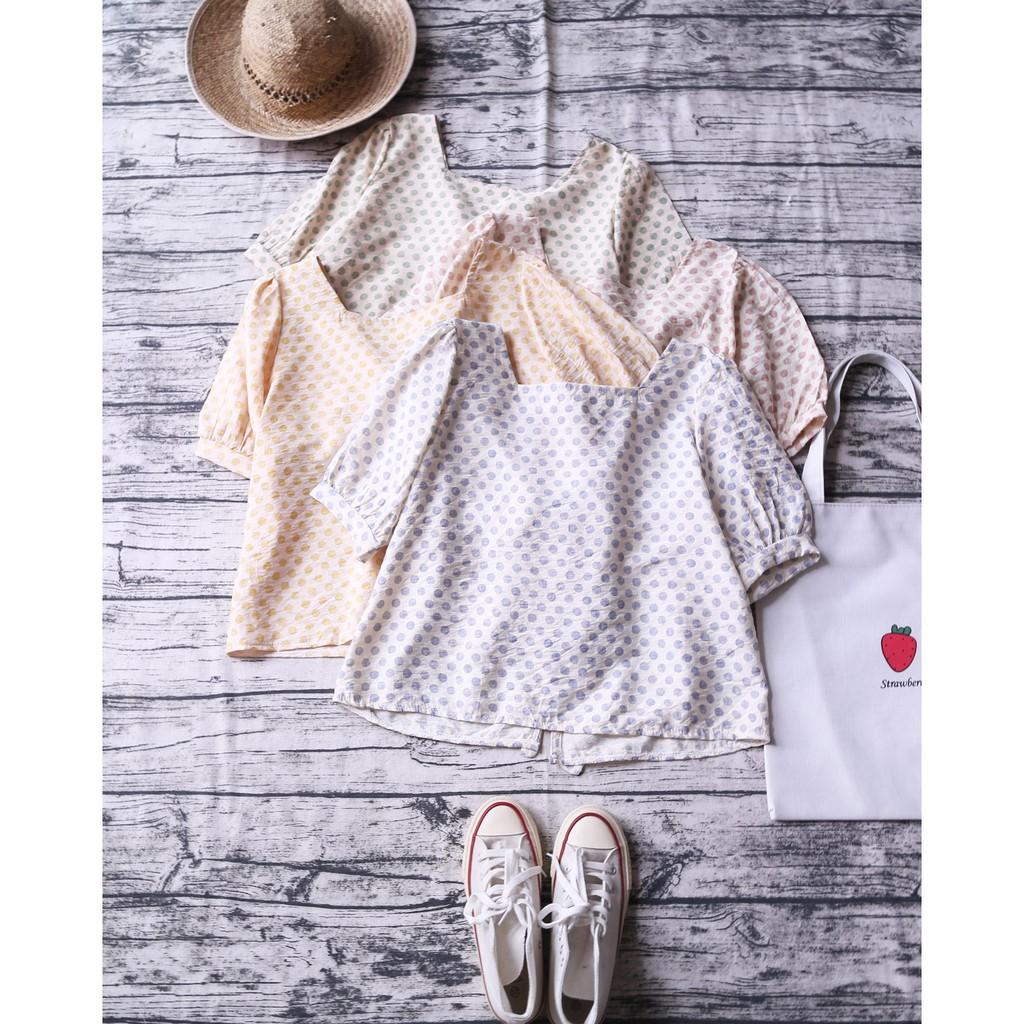 ÁO CỔ VUÔNG CHÂM BI THẮT NƠ LƯNG