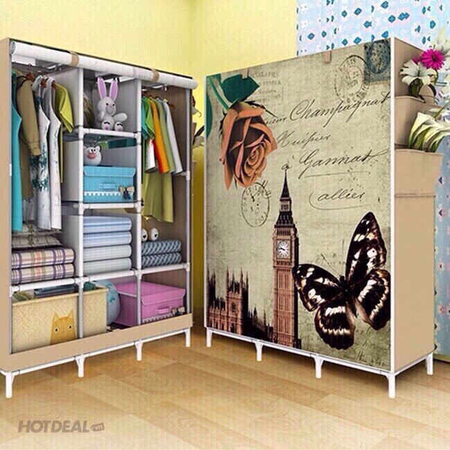 Tủ vải lắp ghép họa tiết 3D đựng quần áo gấp gọn, có 2 khoang treo đồ, thiết kế rộng rãi, phù hợp cho gia đình, người nhiều quần áo - Tủ vải khung thép 3 buồng 8 ngăn đựng