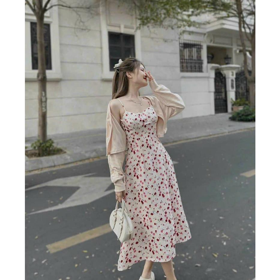 Sét đầm midi xốp hoa 2s kèm áo khoác thun hot trend