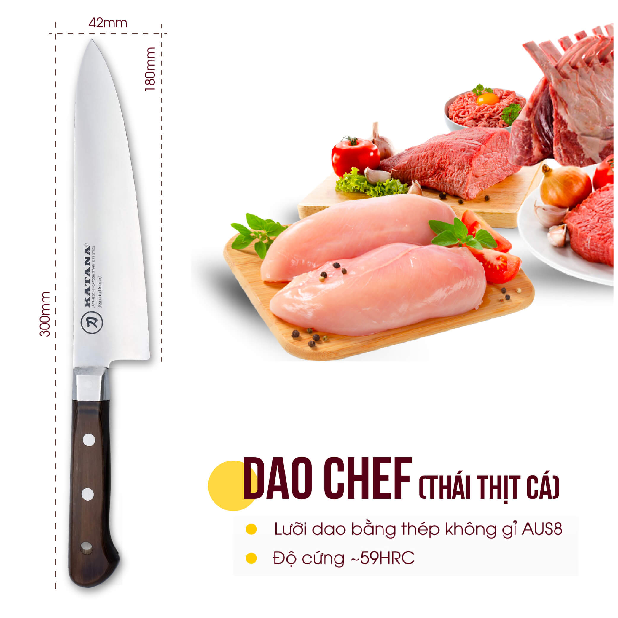 Bộ dao làm bếp cao cấp KATANA Essential 3 chiếc (dao thái thịt cá - dao đa năng - dao gọt hoa quả) - Bộ dao KATANA cán gỗ, thép chống gỉ độ cứng 59HRC