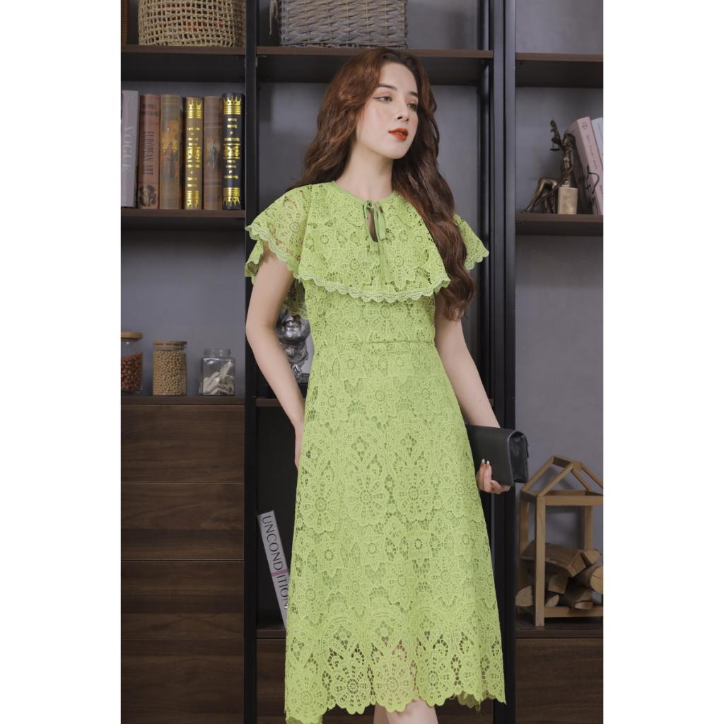 Váy Ren Bèo Cổ Màu Xanh Cốm 23V004 Cao Cấp Pi Style