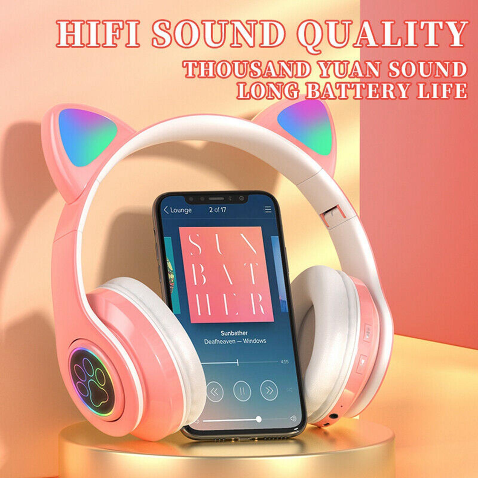 Girl Wireless Gaming Headset, Cute Cat Ear Headset with LED Lights, Noise Cancelling Stereo Gaming Headphones, Fashion Bluetooth 5.0 Headset for Kids