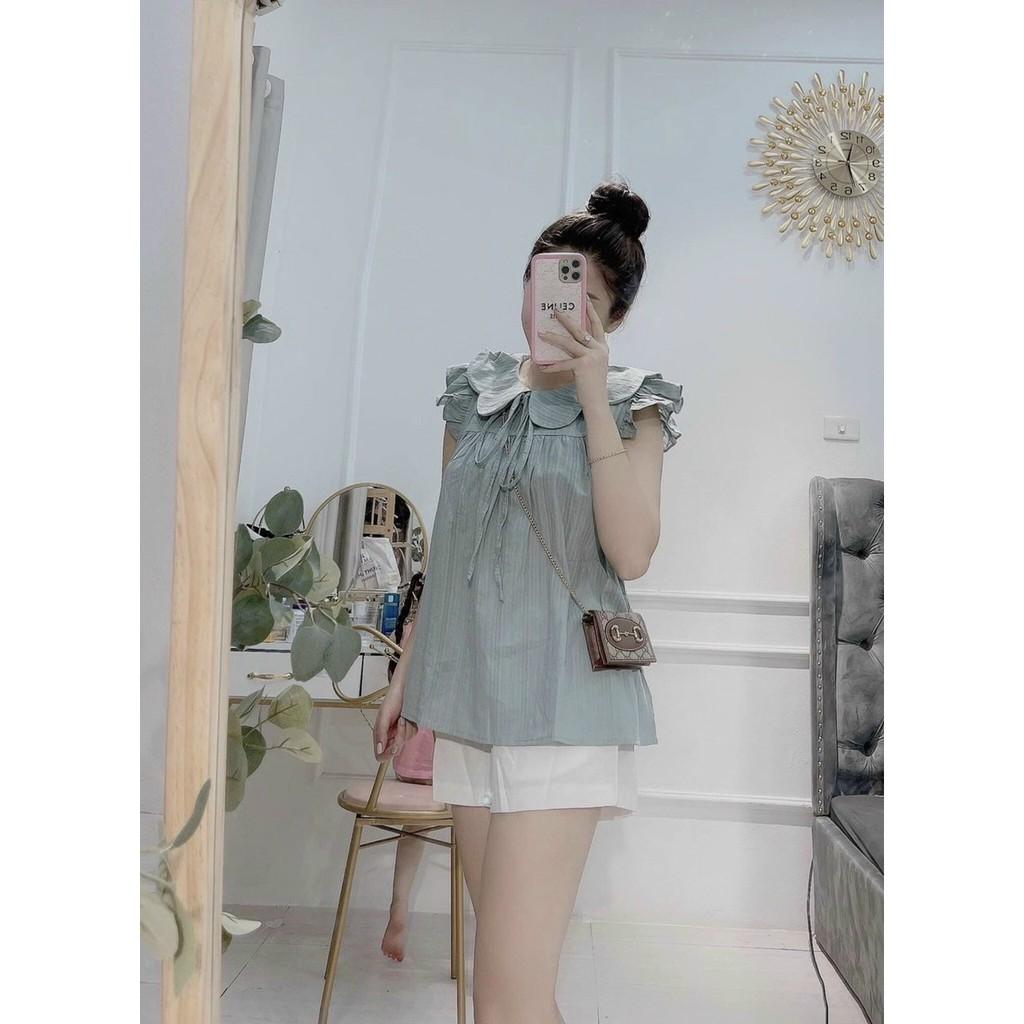 SET ÁO KIỂU TRẮNG XANH CỘT NƠ PHỐI BÈO+QUẦN ĐÙI ĐEN TRẮNG-hình thật trải sàn