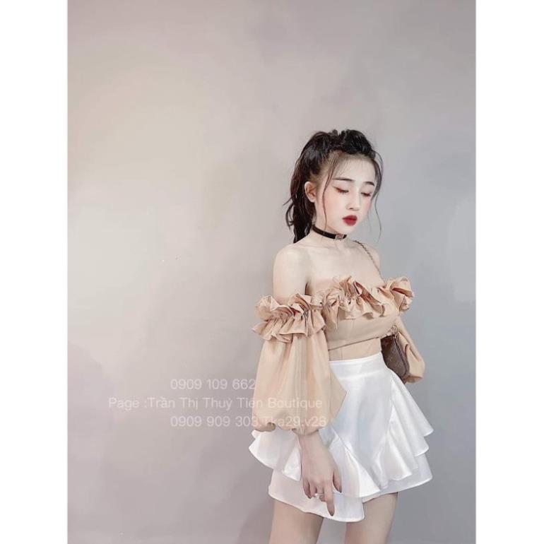 TSL-set áo tay phồng trễ vai chân váy có mút ngực đen, nâu chân váy trắng 2 tầng xòe bèo cực xinh TASA