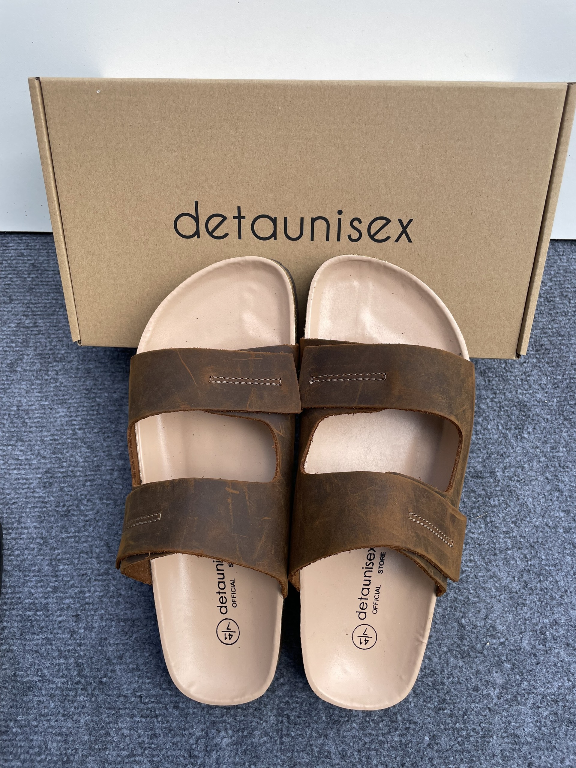 Dép đế trấu da bò thật 2 quai ngang nam nữ Birken tiện dụng DETAUNISEX lót si kem - DEBO25