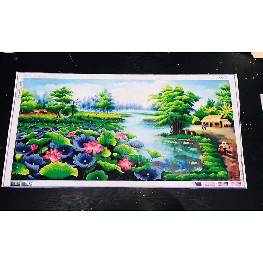 Tranh Đính Đá LÀNG QUÊ ĐẦM SEN (ĐÁ ABC CAO CẤP). Kích Thước: 1m2 x 65cm - 1m5 x 75cm