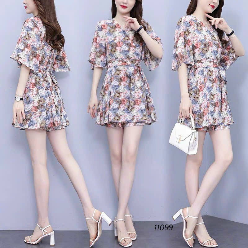 Set bộ lụa hàn dày hoa tay lững nữ quần ngắn mặc nhà dạo phố trẻ trung