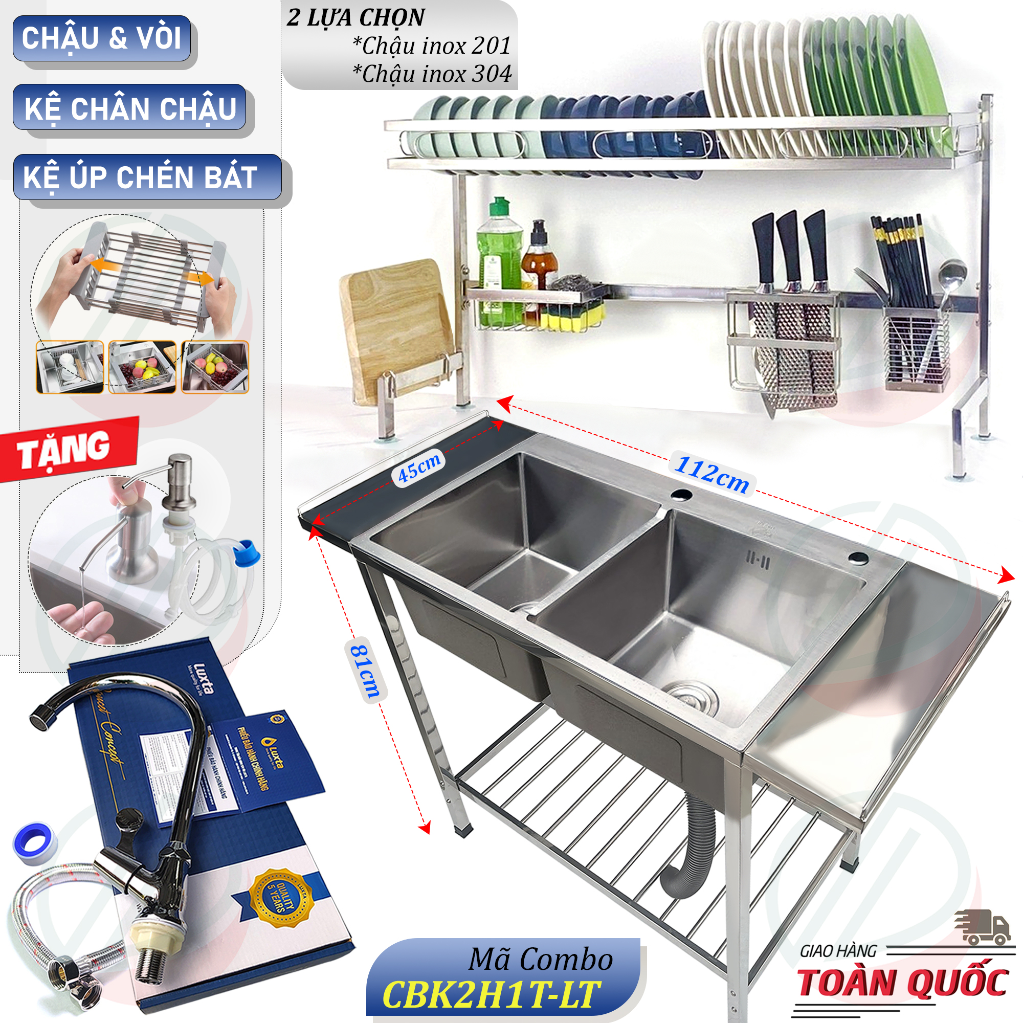 COMBO Chậu Rửa Bát 2 Hộc Có Chân Kèm Kệ Úp Chén Đa Năng - Gồm chậu, kệ úp chén, vòi lạnh Luxta, tặng rổ rút, vòi hút xà bông