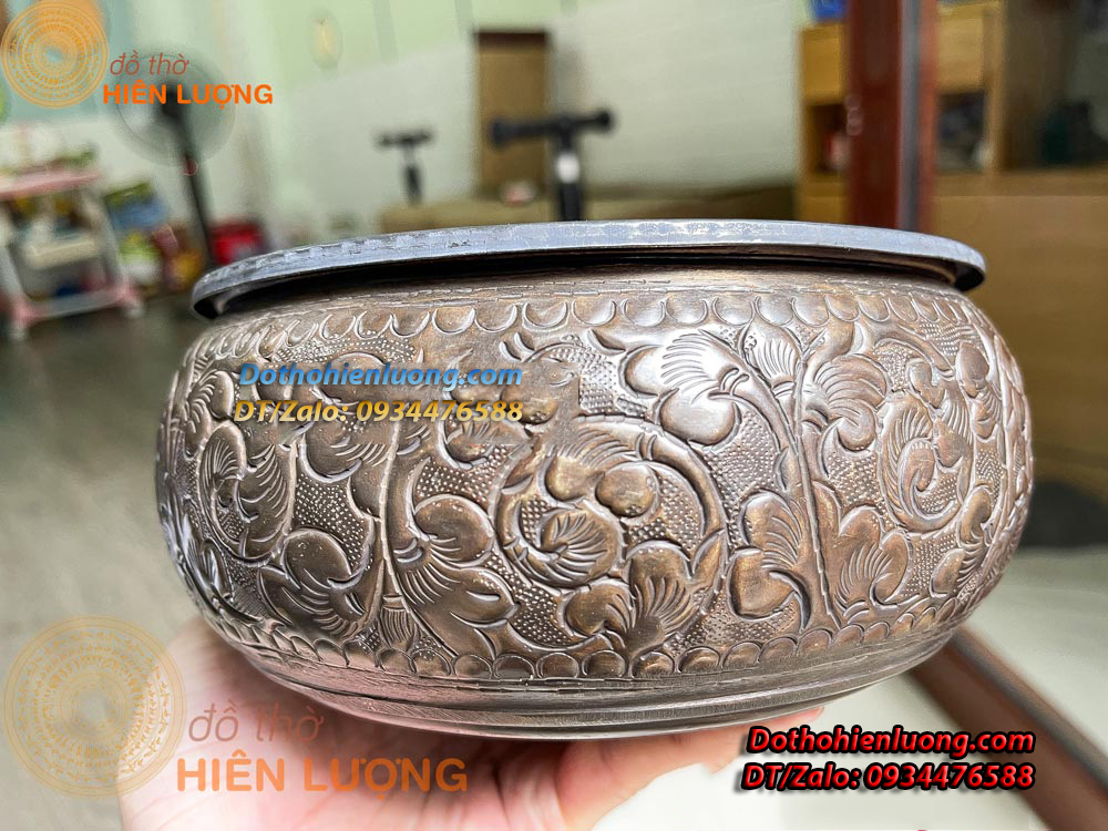 Cơi Đựng Trầu - Âu Trầu Hoa Văn Màu Đen Giả Cổ Bằng Đồng Nguyên Chất Các Cỡ - Đồ Thờ Hiên Lượng