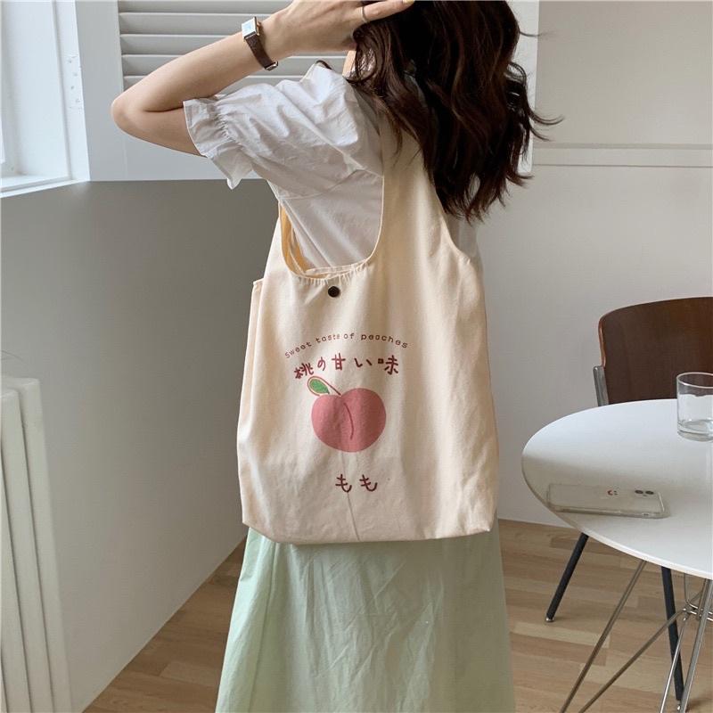 Túi vải tote canvas đeo vai in hoạ tiết quả đào dày dặn thời trang nữ Lae Store