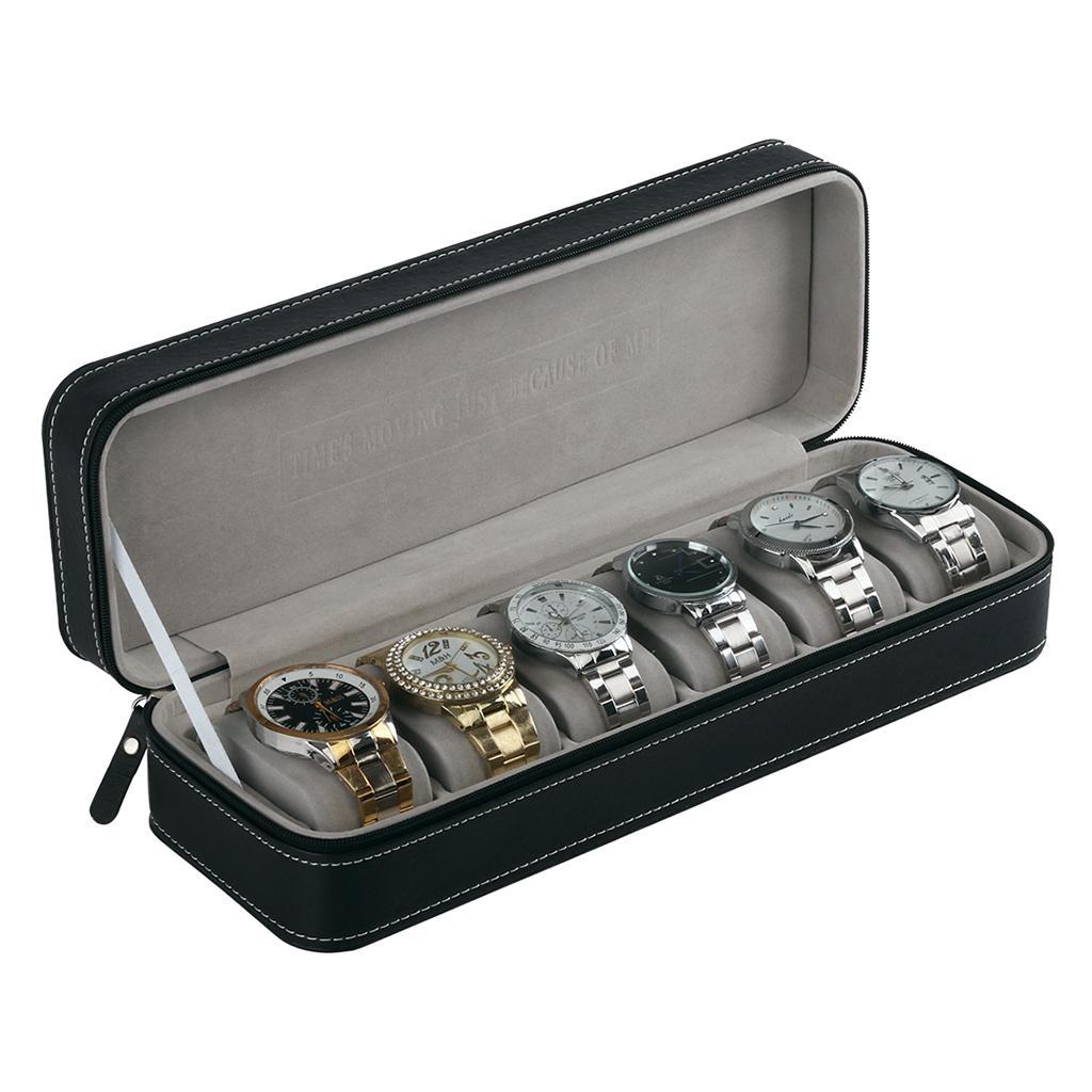 Prettyia Black PU Leather Watch Display Storage 6 Sot Travel Zipper Case